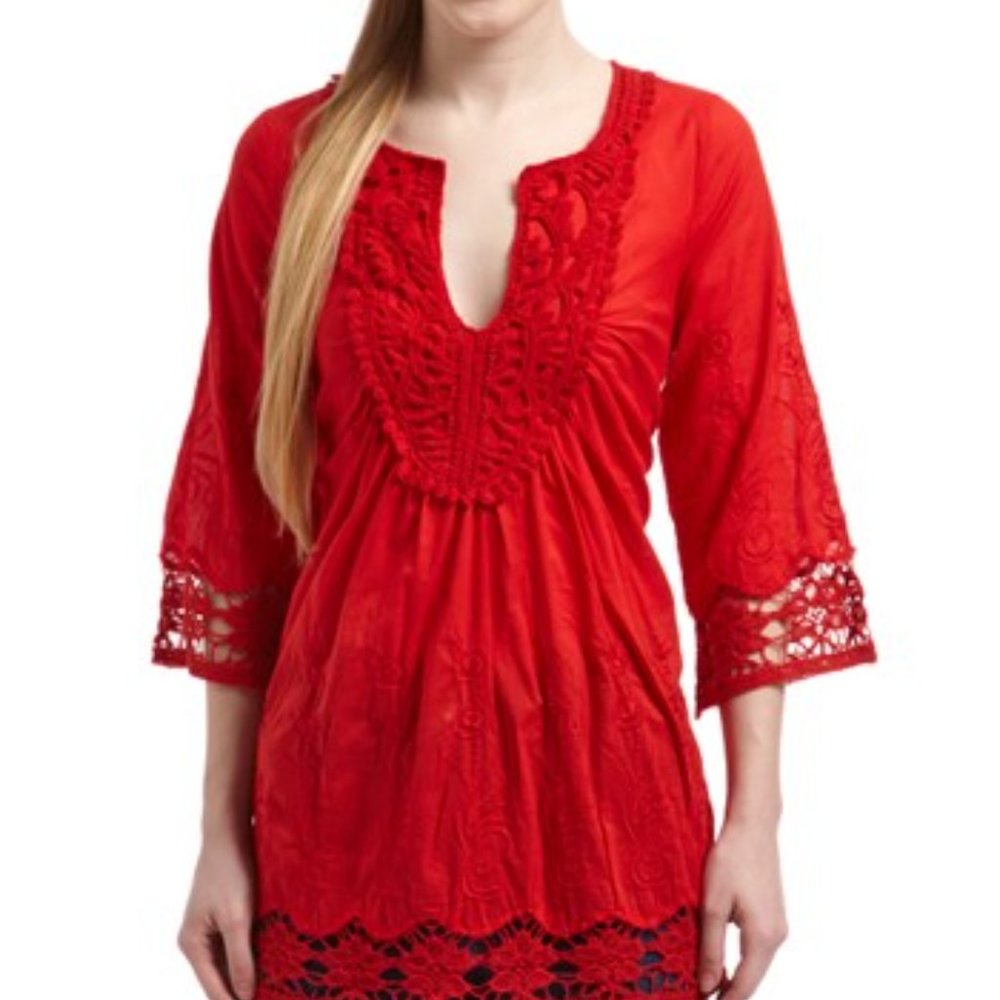 Red Embroidered Notch Neck Tunic for Women-100% cotton